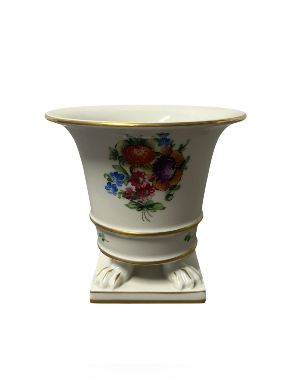 Herend White Porcelain Urn Vase with Multicolor Floral Bouquet and Gold Trim